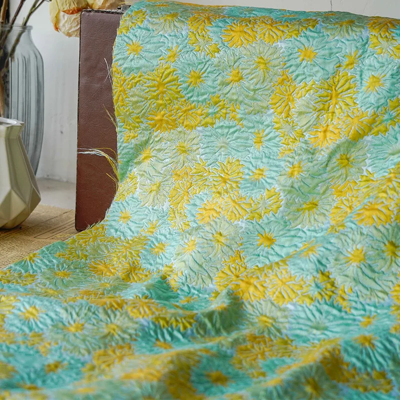 

Mint Green Yellow Embossed Flower Yarn Dyed Jacquard Fabric Classic Women's Dress Decorative Sewing Fabric 50cmx146cm