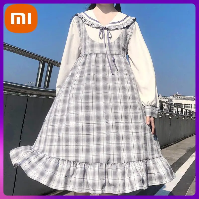

Женское клетчатое платье Xiaomi Kawaii, Лолита в стиле преппи, платье с длинным рукавом, японские наряды с оборками в стиле пэчворк, весна-осень