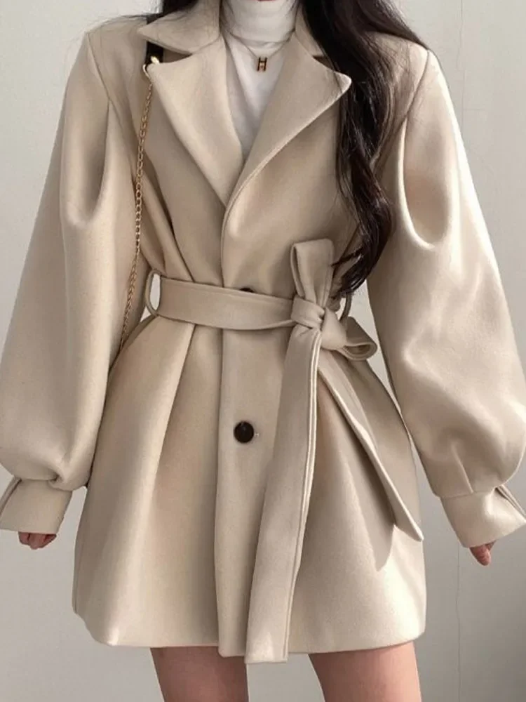 

Корейский плотный Женский Тренч теплые куртки с отложным воротником одежда с длинным пышным рукавом осеннее элегантное пальто с поясом женский шикарный миди-топ