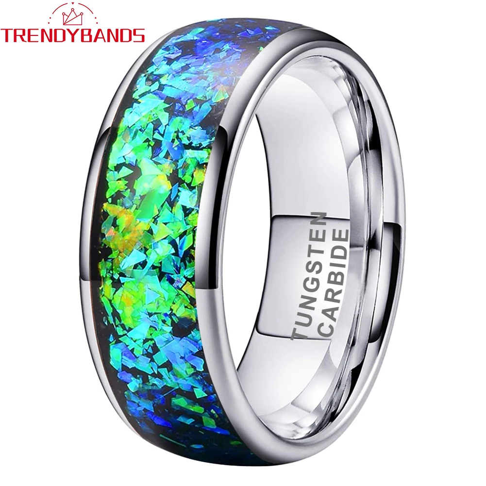 

8mm Wedding Ring for Men Women Tungsten Carbide Fashion Jewelry Engagement Band Opal Inlay Domed Polished Shiny Comfort Fit