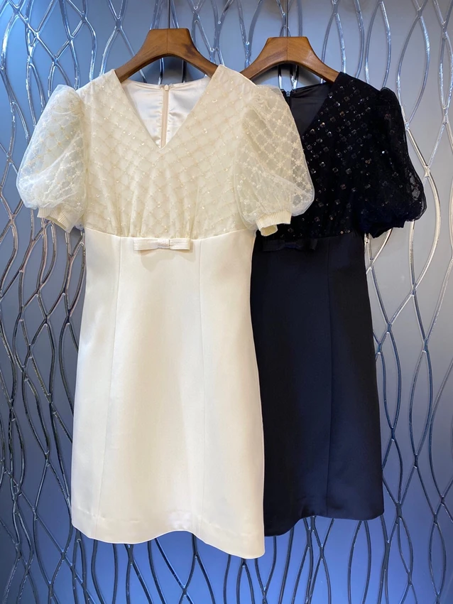 2023 new women fashion bubble short sleeve V-neck mesh stitching bow slim elegant dress 0430