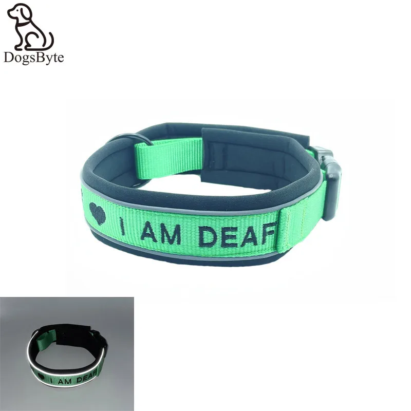 

I AM DEAF Deaf Dog Collar Grass Green Reflective Embroidery Warning Others