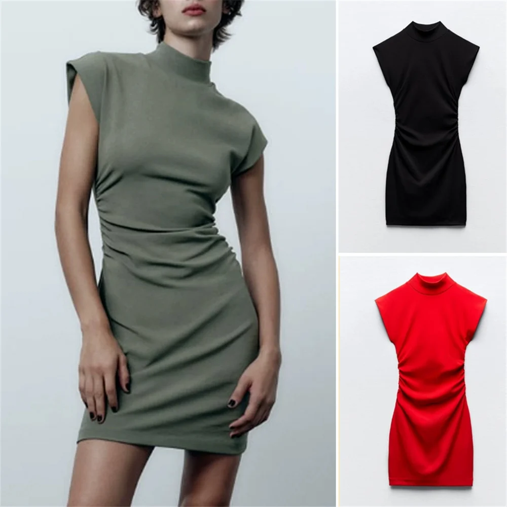 

Women's new autumn clothing, pleated decorative short dress, round neck, ultra-short sleeves, slimming, fashionable 5644851