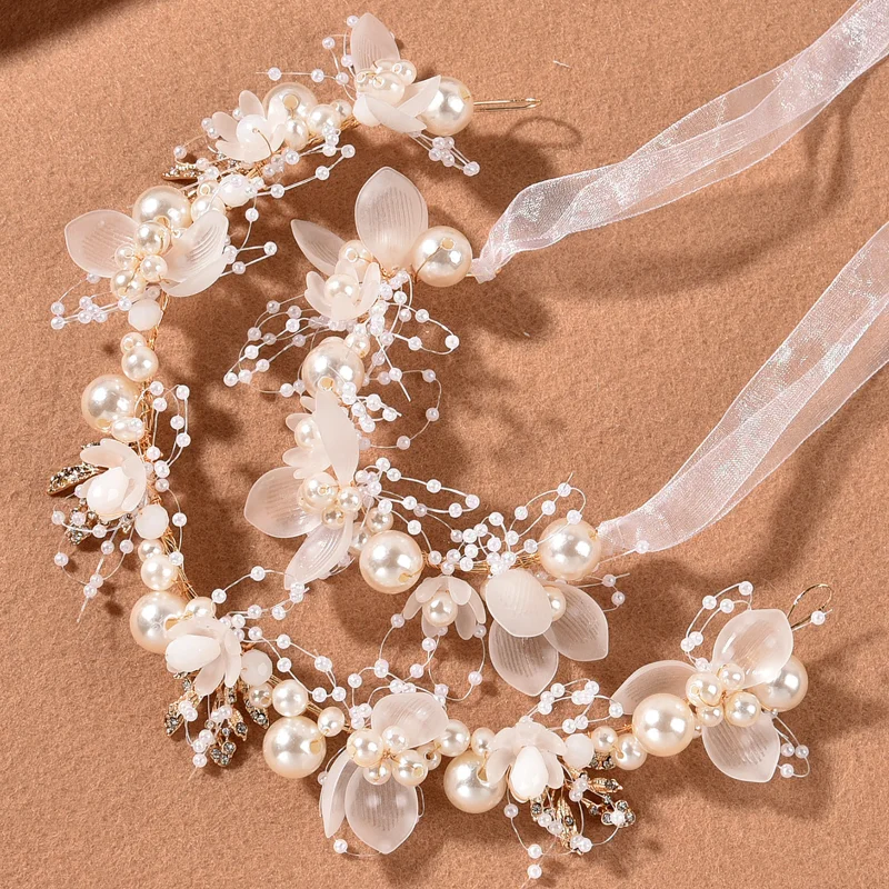 

Pearls Headbands for Women Girls Bride Wedding Hairbands White Flower Tiaras and Crowns Korean Fashion Headdress Hair Jewelry
