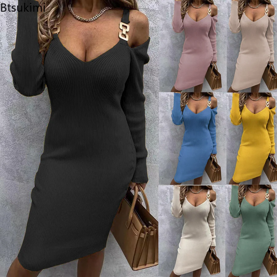 

Women Long Sleeve Knitted Dress for Autumn Deep V-neck Bodycon Dress Sexy 7Colors Spring Matal Button Dresses Female Vestidos