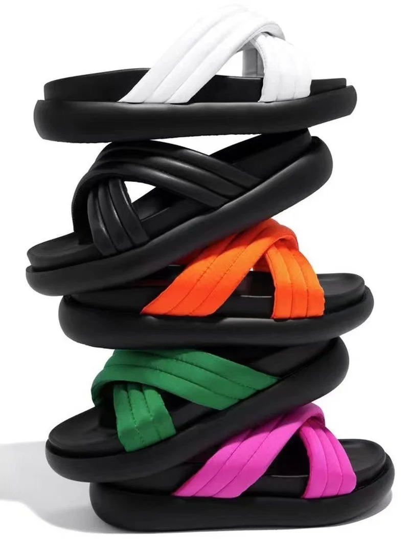 Europe Orange Green Thick-soled Slippers Women's Sandals Flats Shoes Women Open Toe Casual Comfortable Plus Size 35-43 Slides