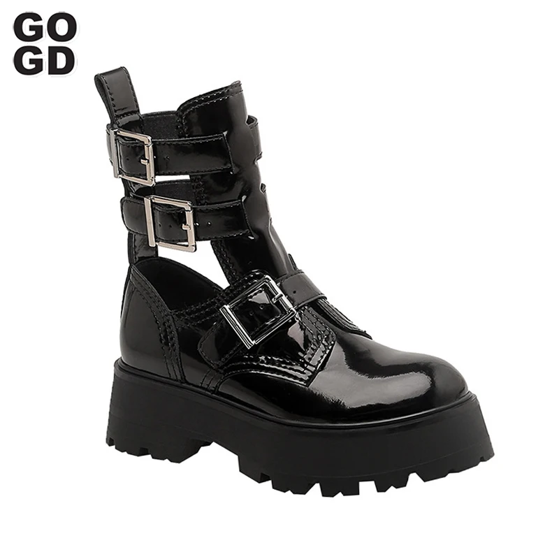 

GOGD Brand Fashion Women's Ankle Boots Newest 2023 Summer Boots Platform Buckle Breathe's Shoes Patent Pu Round Toe Punk Style