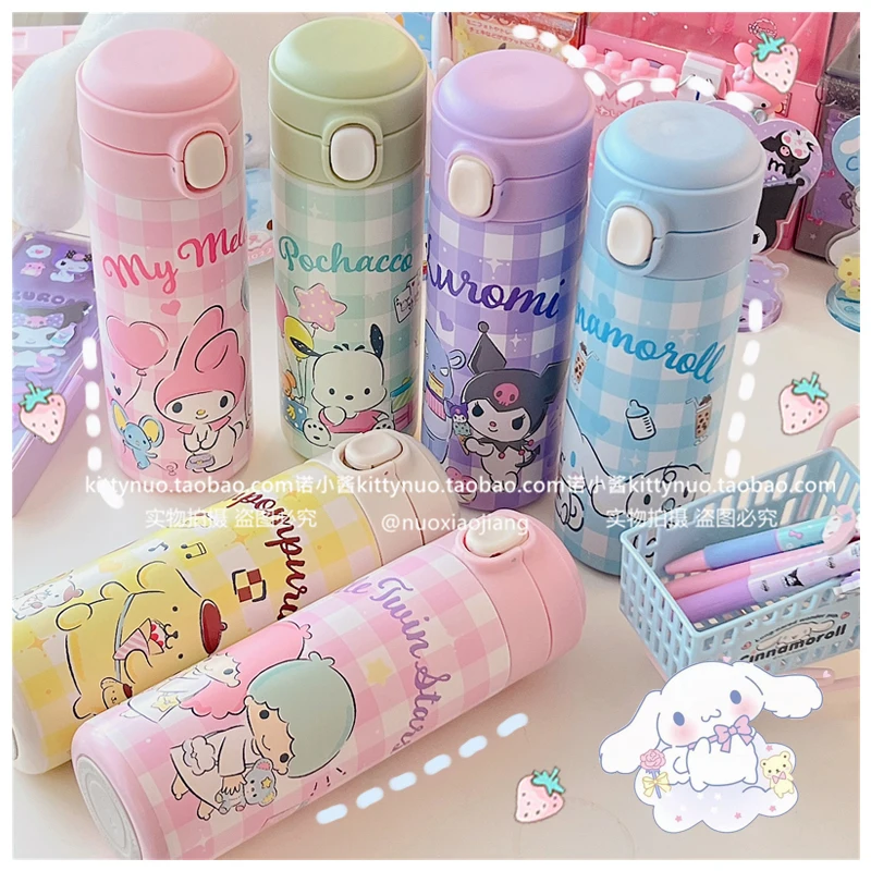 

PINK Sanrioed Kawaii My Melody Cinnamoroll Kuromi Purin Dog Anime Cartoon Portable Plaid Dual-purpose Thermos Cup Cute Girl Gift