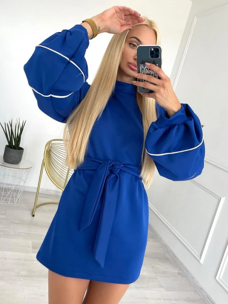 

Casual Women's Lantern Sleeve High Wais Tunics Bandage Short Dresses Streetwear Y2K Ladies Autumn Hoodies Dress with Belt Black