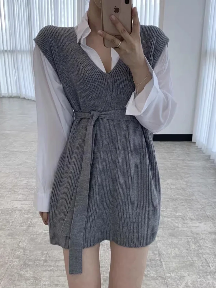 

Knitted Sweater Dress Women Autumn Casual Loose Sleeveless Tank Dress Female Korean Fashion Vintage Bandage Slim Short Dresses