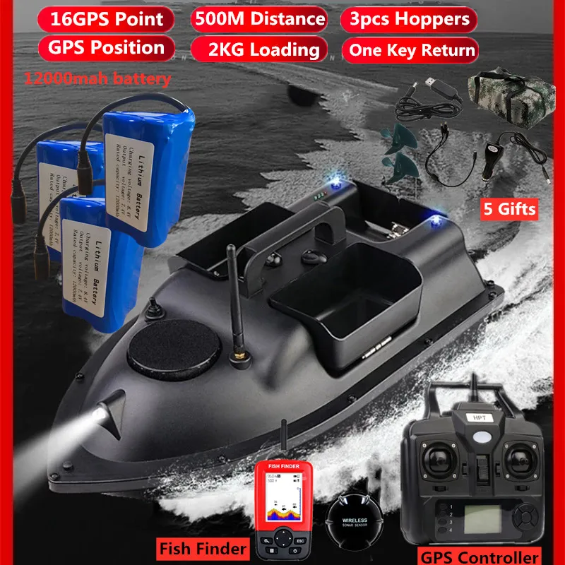 

16 GPS Point Position 3 Hopper RC GPS Fishing Bait Boat 500M 2KG Load 6H LCD Screen Fish Finder Remote Control GPS Nesting Boat