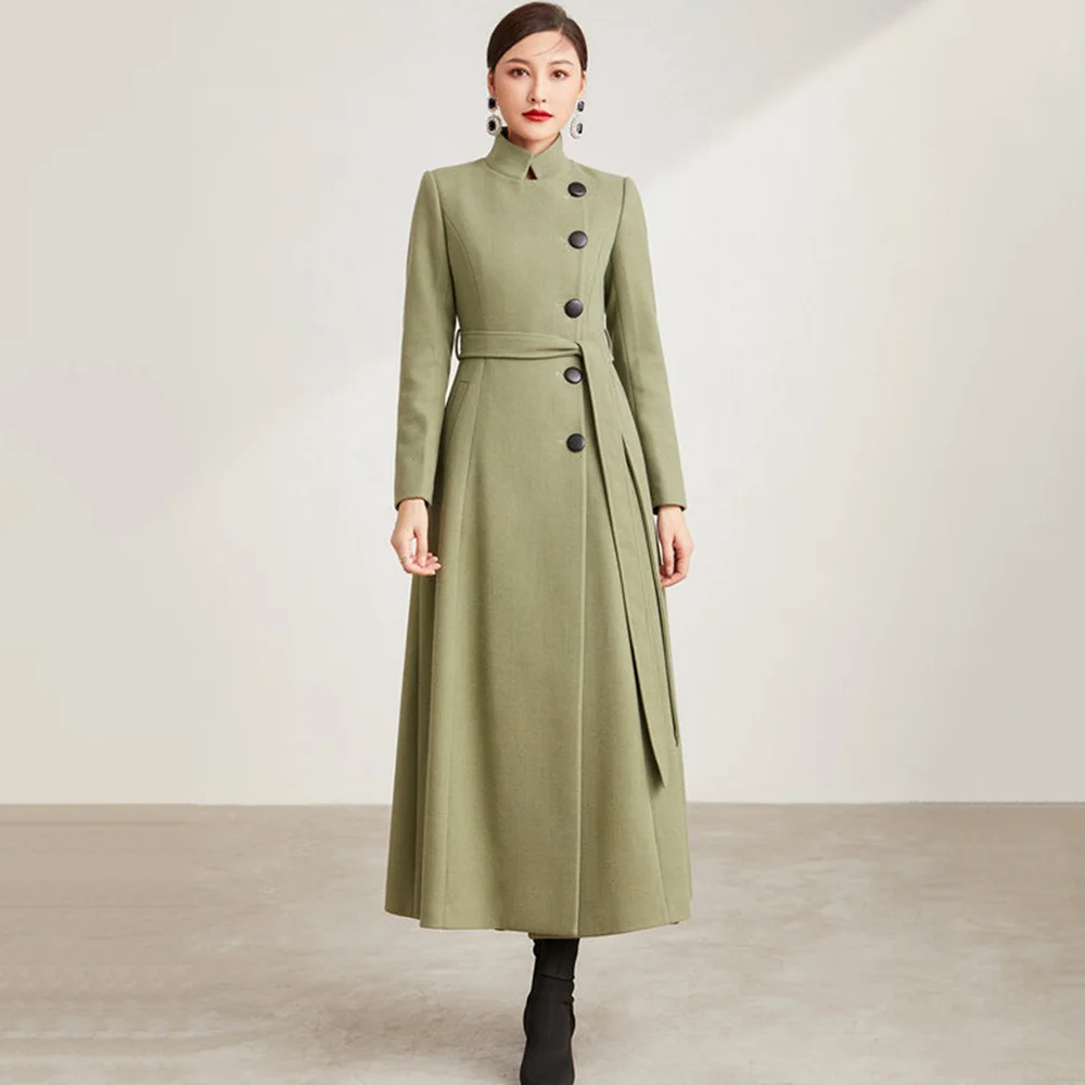 

Women New Wool Coat Autumn Winter Fashion Elegant Stand Collar Chic Single Breasted Green Woolen Overcoat Slim Long Outerwear