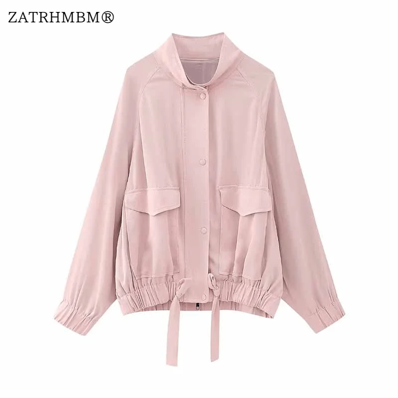 

ZATRHMBM Women 2023 New Fashion Pink Bomber Jackets Coat Vintage Long Sleeve Button Up Casual Female Outerwear Chic Tops