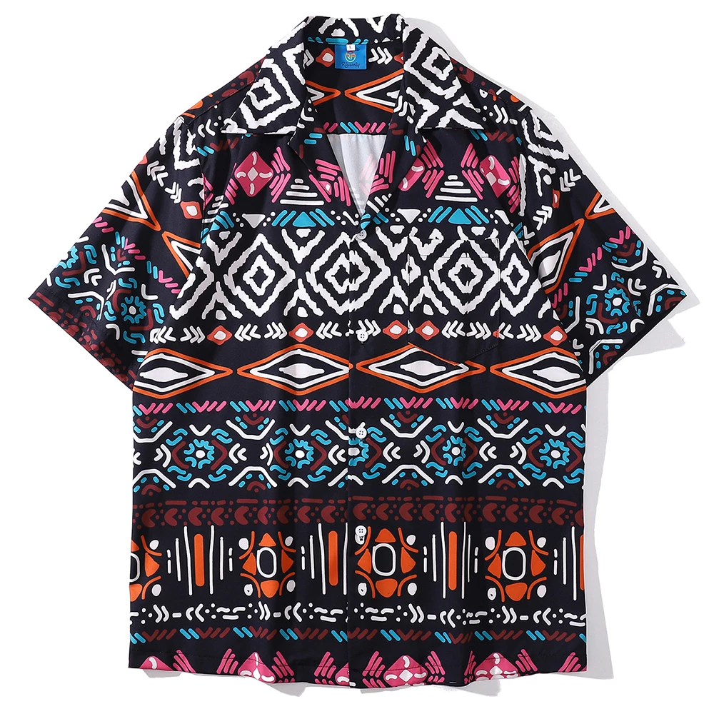 

Argyle Summer Shirts Men Hip Hop Streetwear Color Patchwork Tops Shirt Harajuku Casual Hawaiian Short Sleeve Japanese Fashion