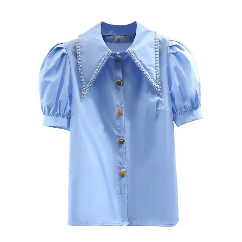 Женская блузка-рубашка с пузырьковыми рукавами свободная облегающая однотонная