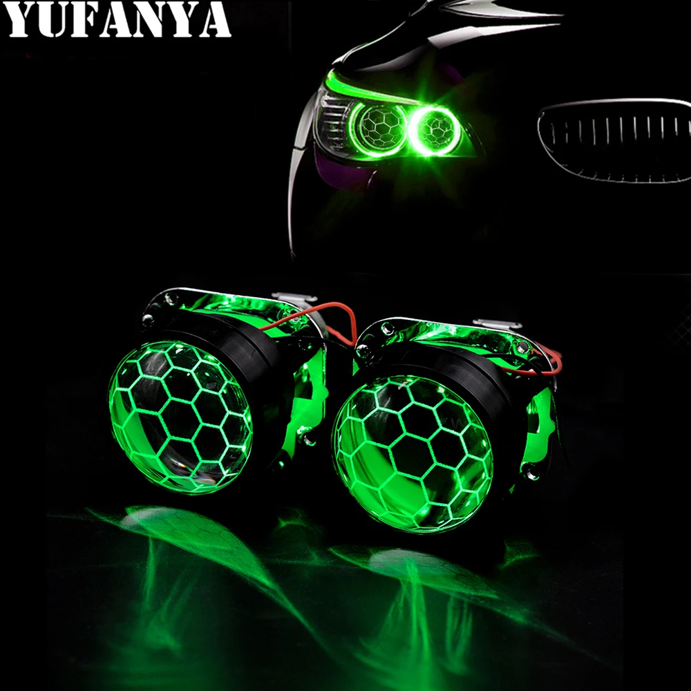 Фото 2,5-дюймовый RGB APP LED Devil Eyes Blue Honeycomb Биксеноновый объектив проектора H4 H7 База Использование h1 Фара автомобиля Мотоцикл в сборе №1