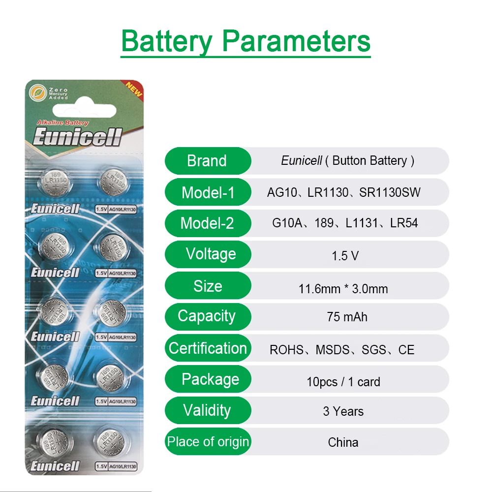 Eunicell 75 мАч SR1130 LR1130 AG10 189 Батарейки Pilas с кнопками 389 LR54 L1131 389A 1 5 В щелочная батарея