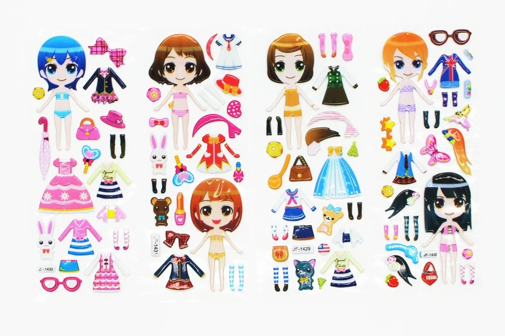 3D Стикеры Детские Игрушки Нарядиться Мультфильм Дети Девочки Куклы Буквы Цифры Фрукты Овощи Улыбка Сердце Пузырь.