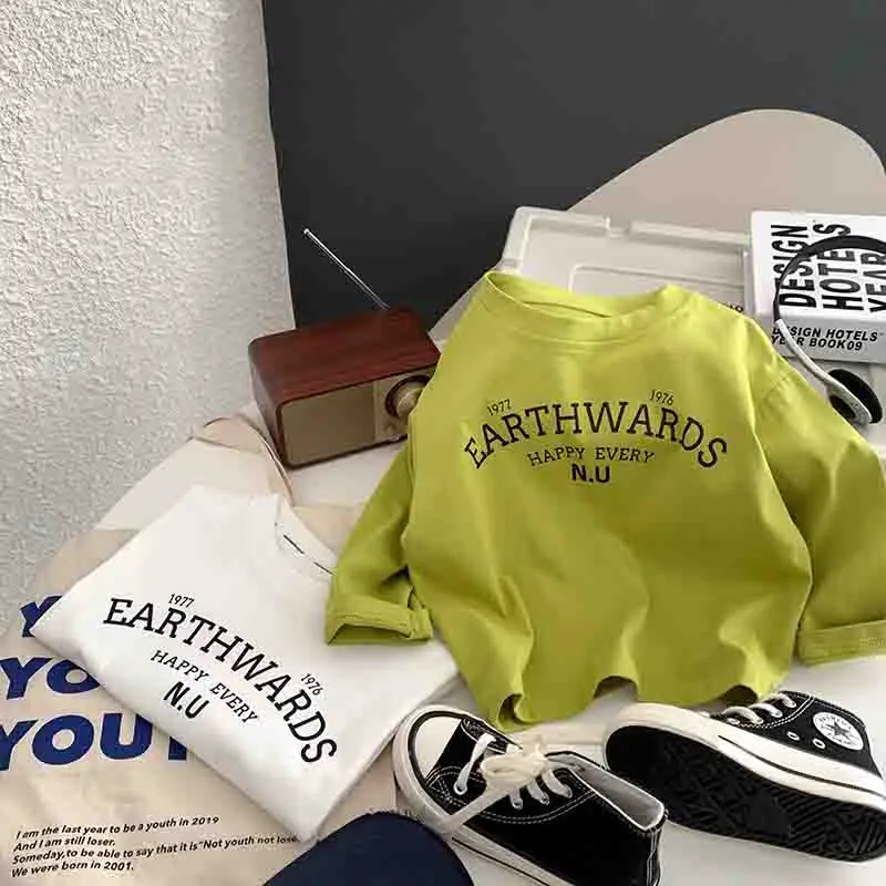 

Korean Style Children T-shirt 2023 New Casual Letter Round Neck Pullover Long Sleeve Baby Boys Blouse Trendy Kids Tops