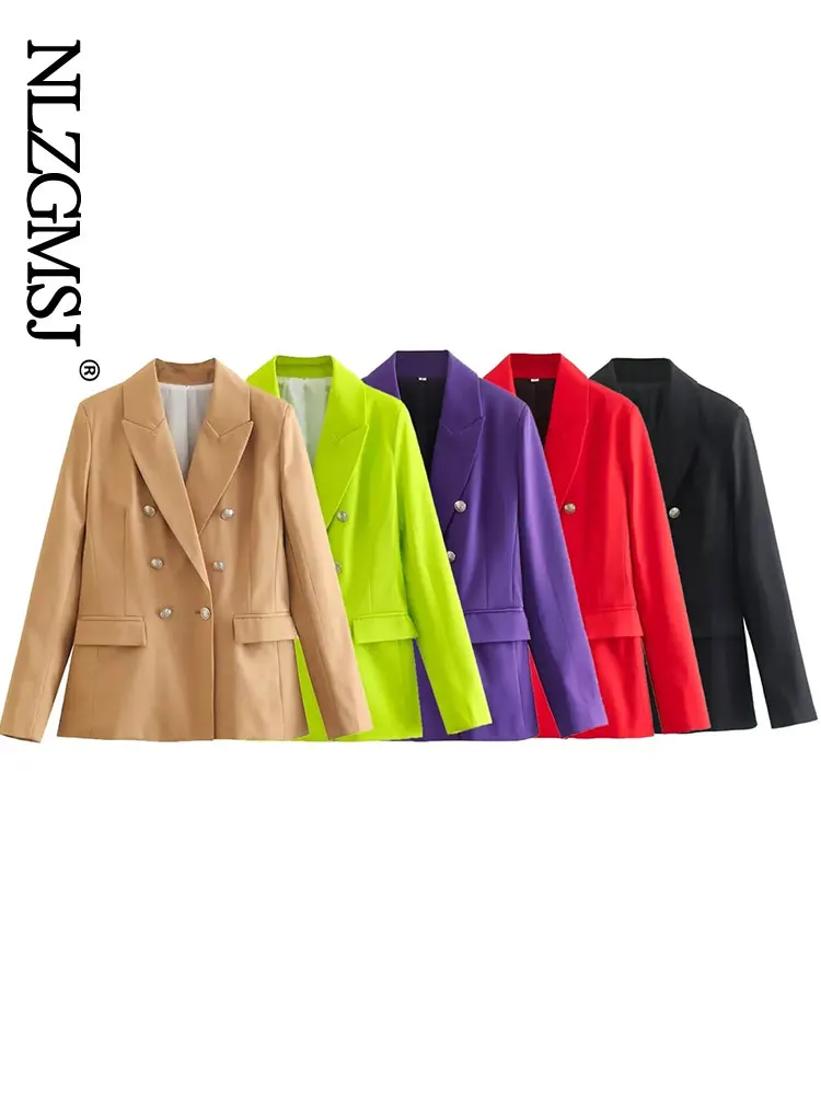 

Nlzgmsj 2023 Women Fashion Double Breasted Office Wear Blazer Coat Vintage Long Sleeve Flap Pockets Female Outerwear Chic Veste