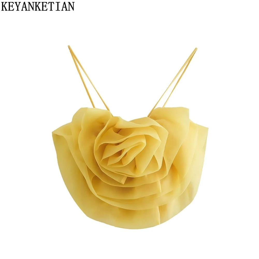 

KEYANKETIAN Women's Organza Flower Decorative Corset Sling Summer New Elegant Temperament Tight Ladies Yellow Vest Short Top