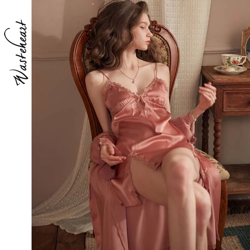 

Wasteheart Red Blue Women's Sleep Robe Gown Sets Sleepwear Bath Sexy Nightwear Suits Faux Silk 2 Pieces Sleep Set Nightdress