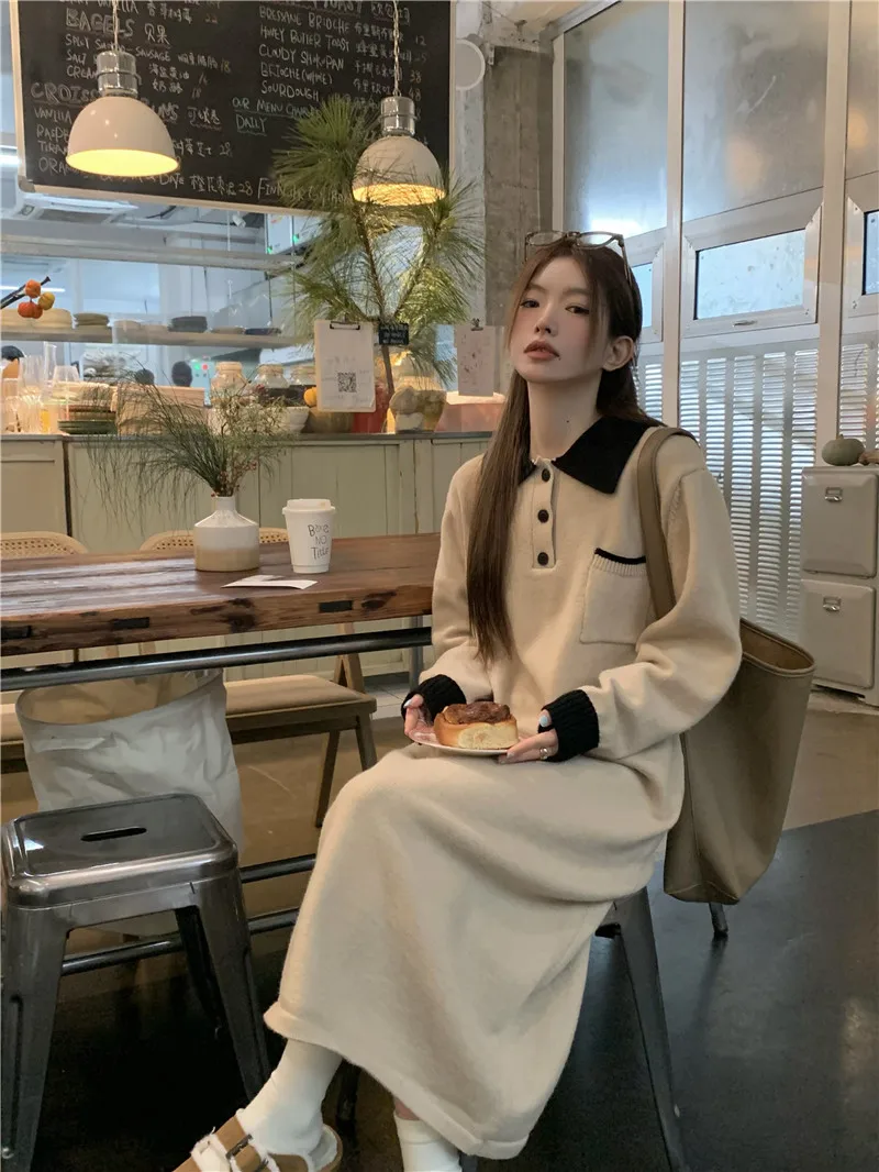 Design Contrast Color Polo Collar Knitted dress Women Temperament New Winter Casual Loose Soft Glutinous Sweater Long dress