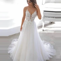 sexy v neck princess boho wedding dresses brides 2022 backless spaghetti straps lace appliques tulle bridal gowns