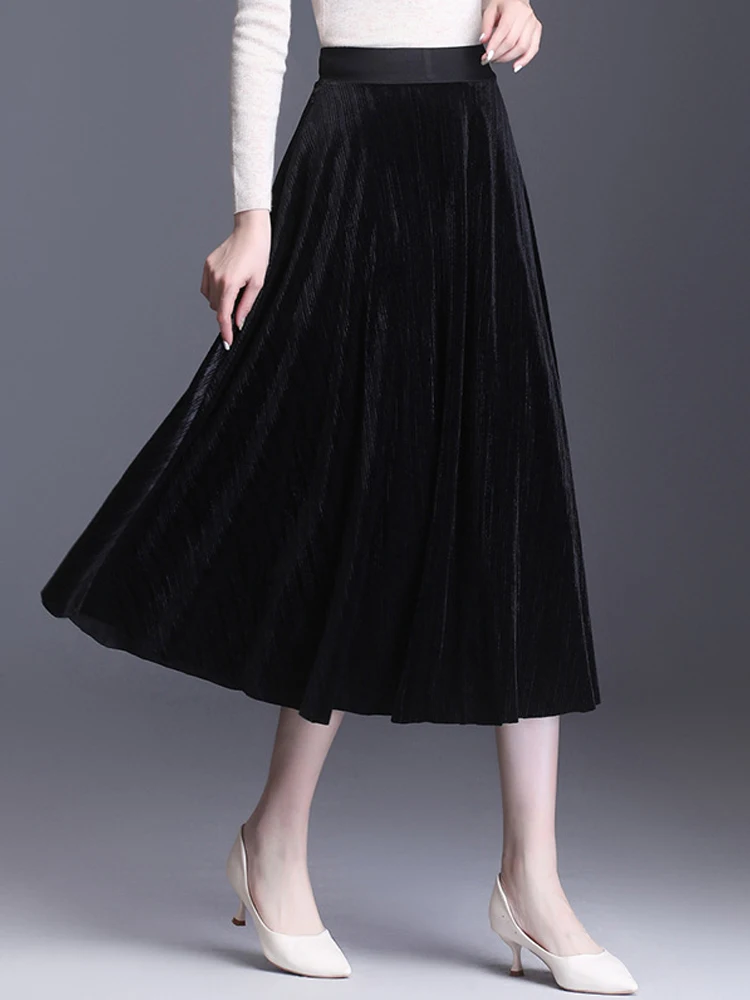 

Spring Gold Velvet Skirt Women High Waist Pleated Calf Length Large Size Fat Women 100kg Wear Pleated A Line Skirt Autumn 2022