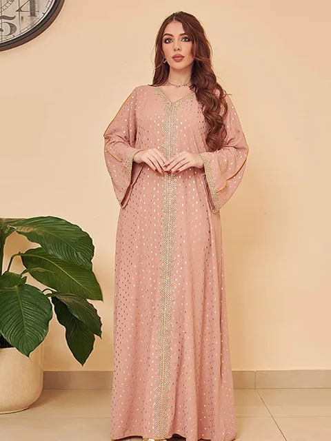 Gold Stamping Jalabiya Kaftan Dress for Women Dubai Crinkled Crepe Fabric Casual Modest Robe Muslim Arab Moroccan Caftan Party