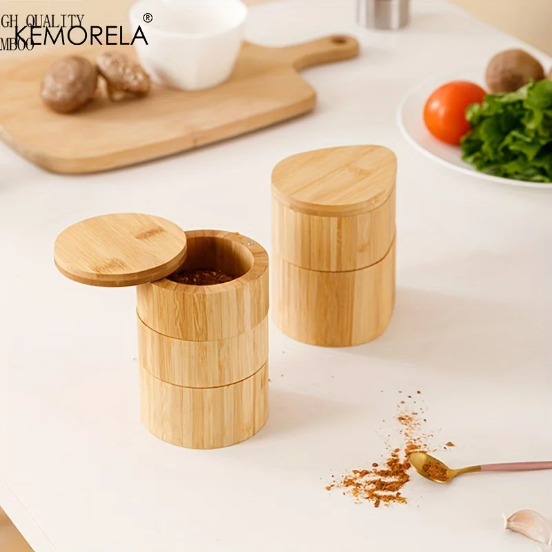 Бамбуковая соляная коробка круглый контейнер для хранения соли и специй емкость