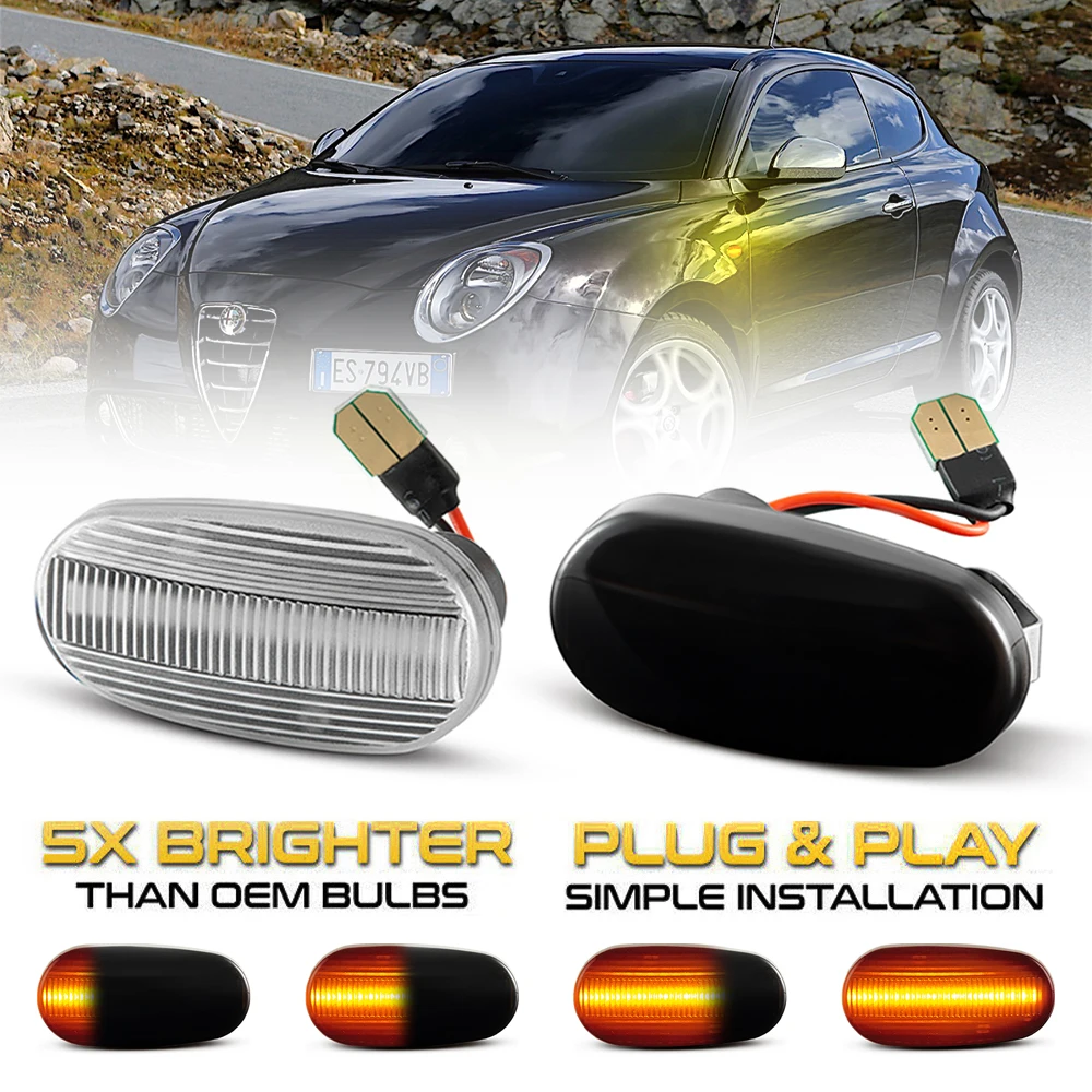 2Pcs For Alfa Romeo Mito 955 147 GT 937 Fiat Bravo mk2 Dynamic LED Side Marker Lights Arrow Turn Signal Flashing Blinker Lamps