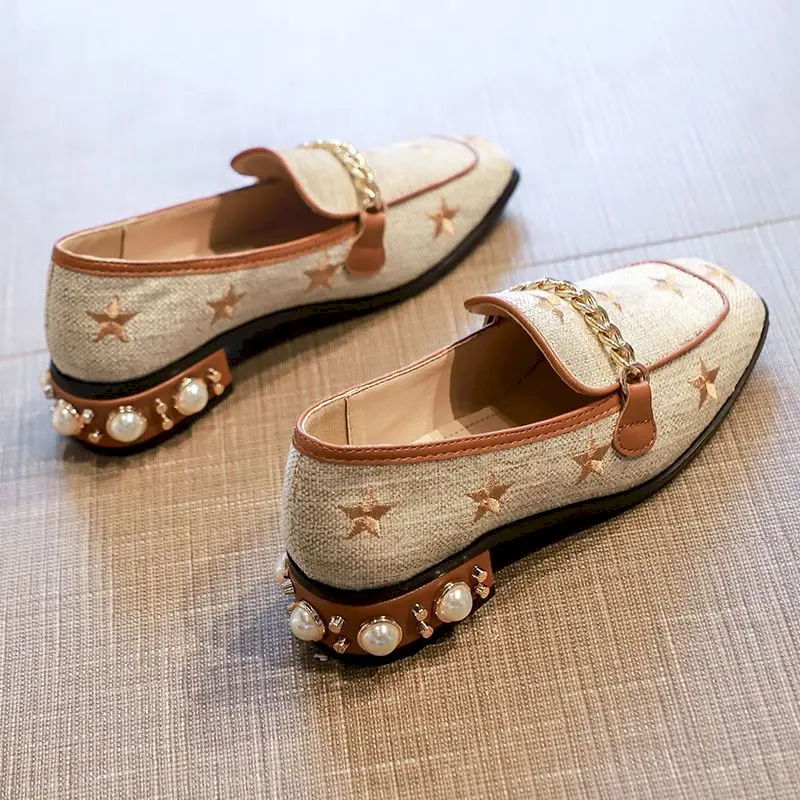 

Ricaqico Women Shoes High Heel 2022 Spring New Fashion British Square Head Star Embroidery Medium Heel Loafers Fairy Style Shoes