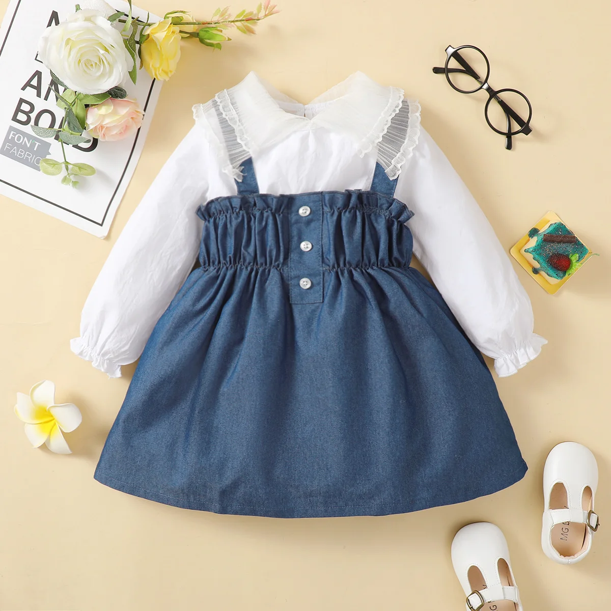 

hibobi Kids Girls Clothes Cotton Toddler Solid Color Lapel Long-sleeve Top And Overalls Autumn Children's Clothing