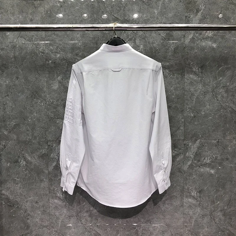 TB THOM Shirt High Quality Cotton Long Sleeve Dress Shirts Classic Fashion White 4-bar Stripes Solid Men Women Clothing