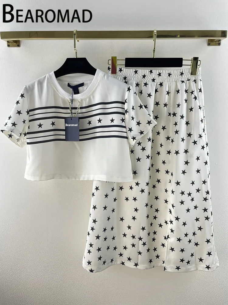 

Bearomad Summer Runway Fashion Holiday Casual Skirt Suit Women's Short Sleeve Striped Short Tops + Black Star Print 2 Piece Set