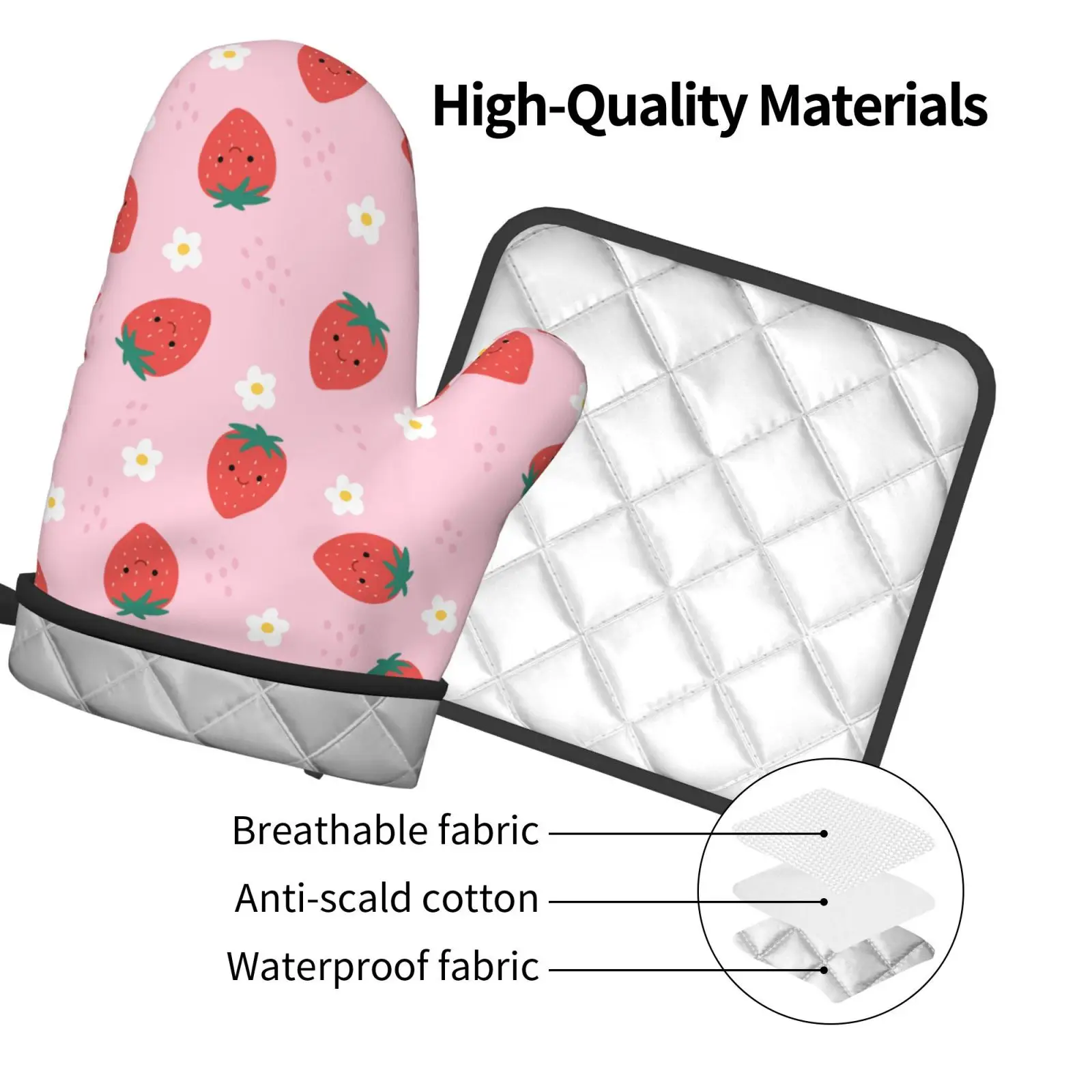 Рукавицы и варежки для духовки с клубничкой 2 шт. термостойкие Нескользящие