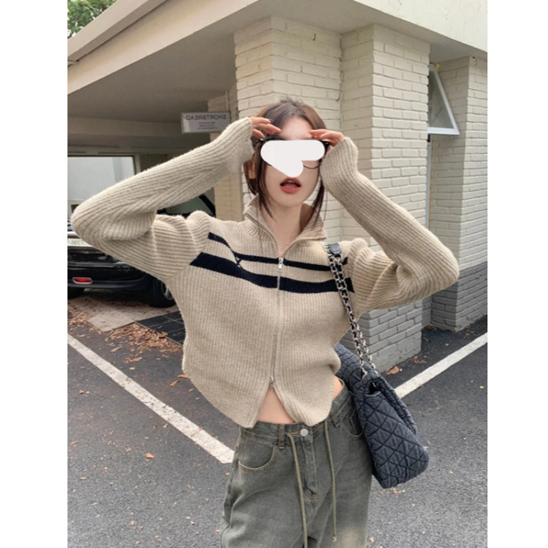 American vintage Contrast Color Double Zipper Polo Collar Knit Women Autumn and Winter New Casual Show Short Thin Sweater Car...