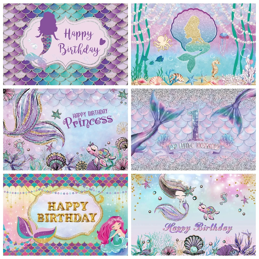 

Mermaid Princess Photography Backdrop Under The Sea Scales Shell Tail Girls Newborn Baby Shower Birthday Party Background Decor