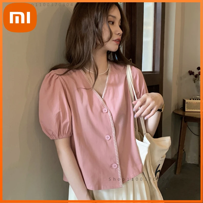 

Новые рубашки Xiaomi с пышными рукавами, женские блузы с V-образным вырезом, милая одежда, топы для женщин, розовая мягкая хлопковая блузка, модн...