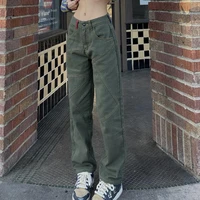 2022 green denim pants low rise jeans women military patchwork cute casual straight vintage jeans wide trousers streetwear pants