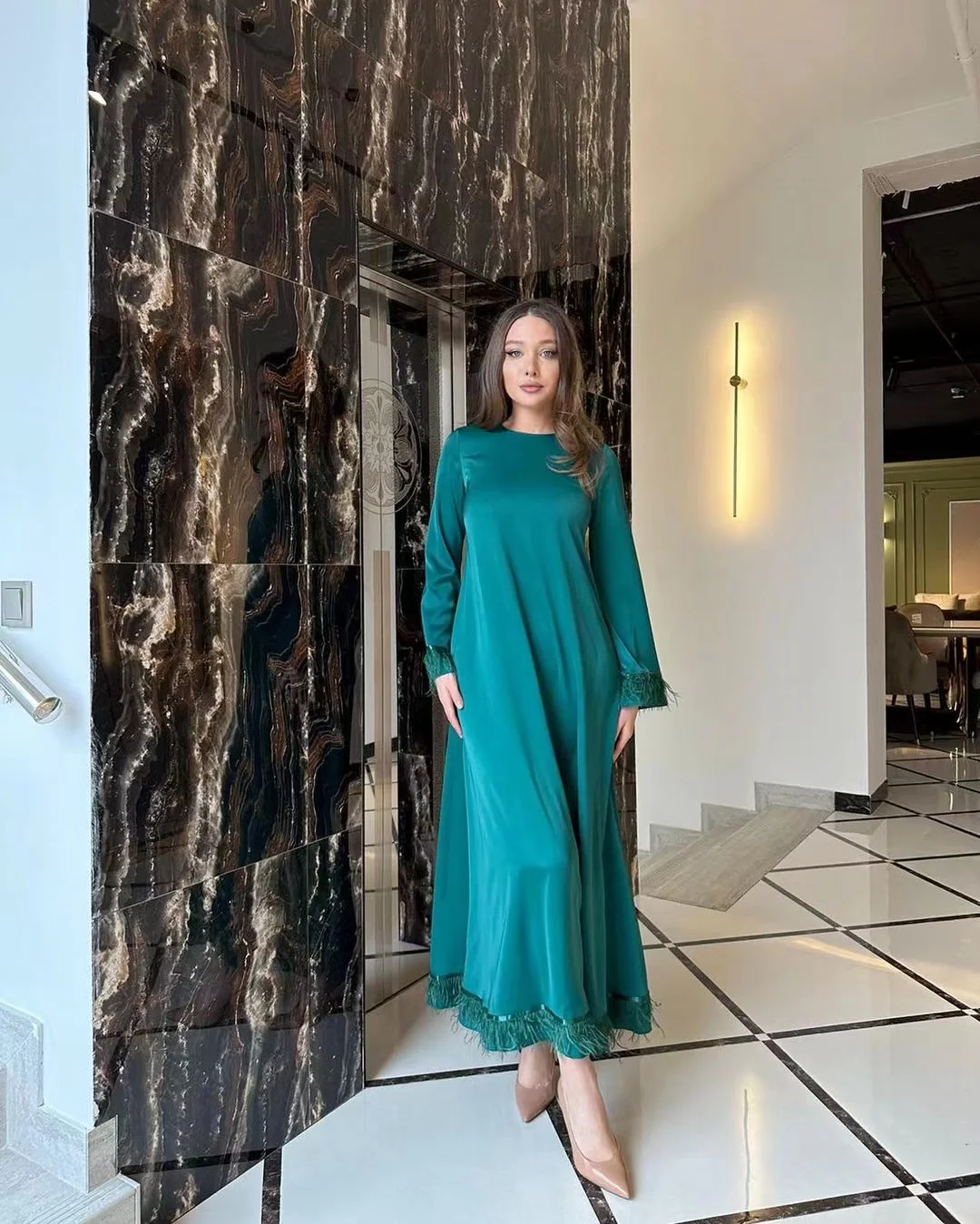 

Merida Green Feather Satin Evening Dresses Long Sleeves A-Line Sash Ankle-Length Elegant Party Dresses For Women 2023