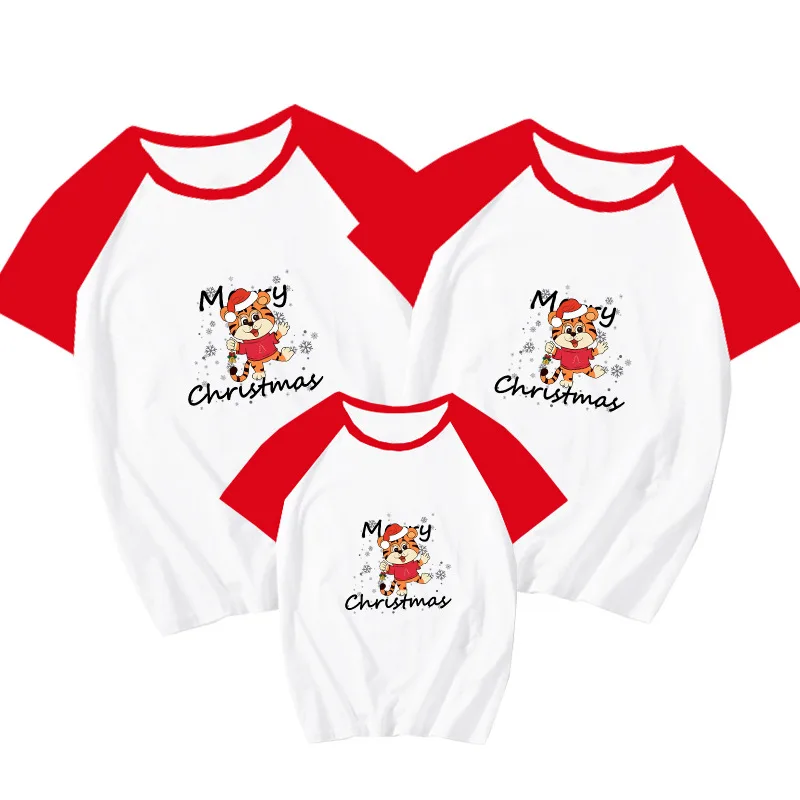 

Dad Mom Daughter Son Cotton T-shirts for Family Christmas Matching Clothes Outfits Adult Kids Cartoon Tiger Print Shirts Tops
