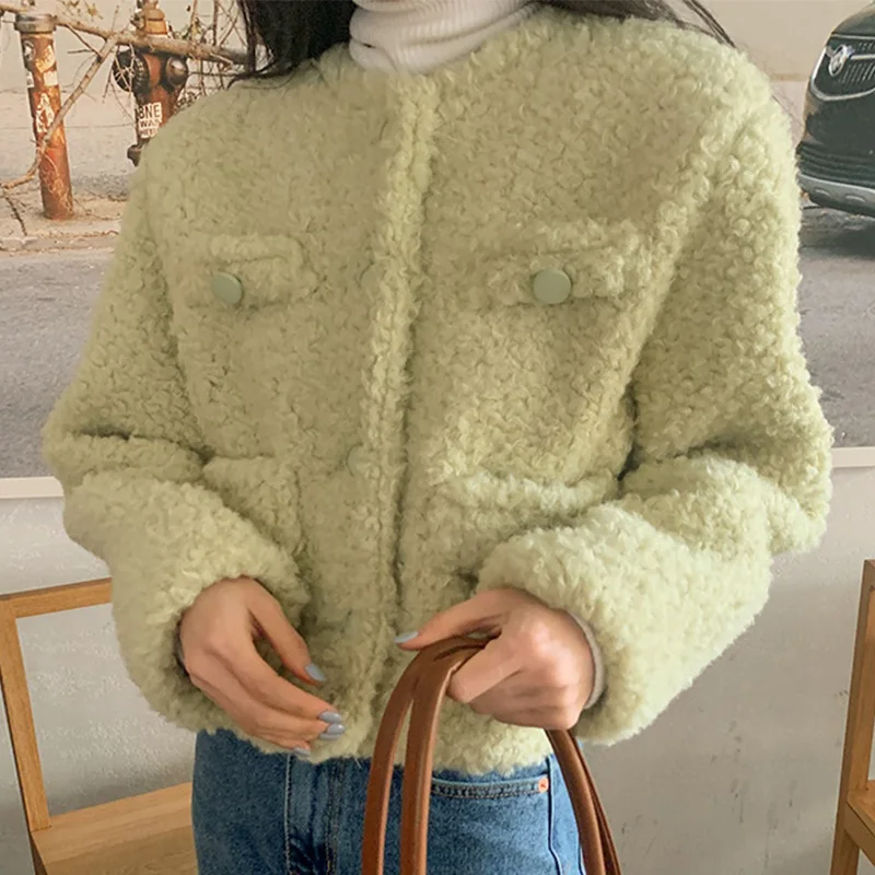 Korean Fashion Light Green Faux Fur Loose Coat Woman Single-breasted Top O Neck Long Sleeve Pocket Women Clothing Dropshipping