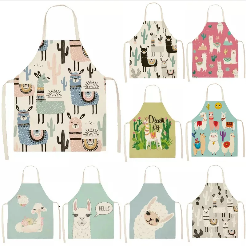 

Llama Alpaca Cactus Printed Cotton Linen Sleeveless Aprons Kitchen Women Pinafore Home Cooking Baking Waist Bib Cleaning Tools