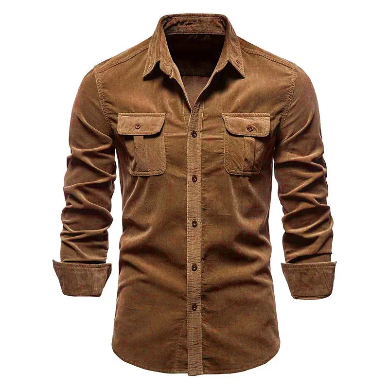 2023 New Single Breasted 100% Cotton Men's Shirt Business Casual Fashion Solid Color Corduroy Men Shirts Autumn Slim Shirt Men