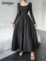 darlingaga korean fashion black patchwork pleated long dress spring autumn solid casual women dresses maxi clothes slim clothing