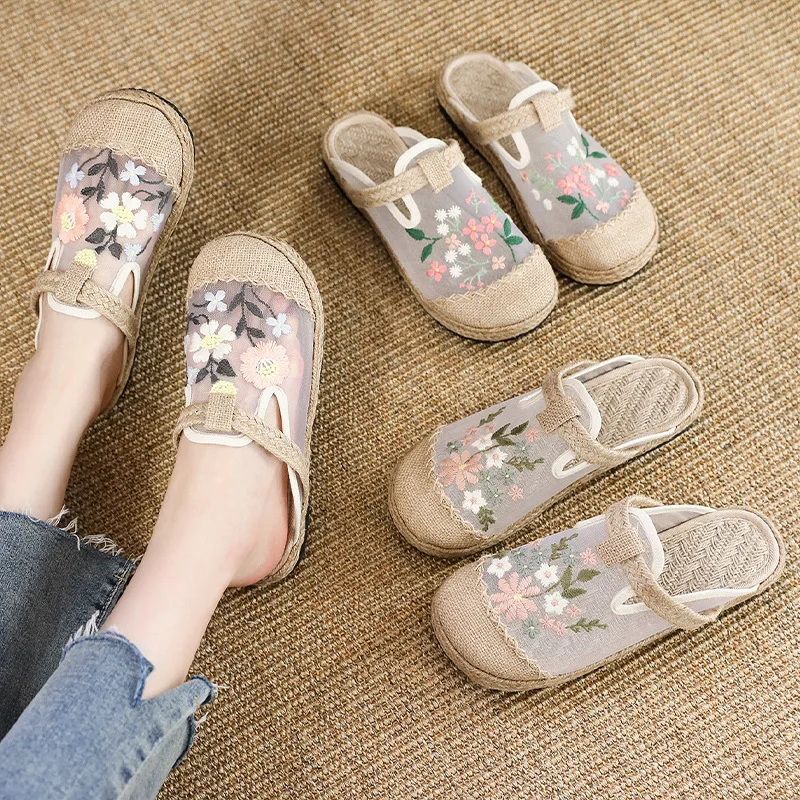 

Женские лоферы в китайском стиле, сетчатые, с цветочной вышивкой, льняная подошва, блестящие, без застежки, дышащие, на плоской подошве, лето