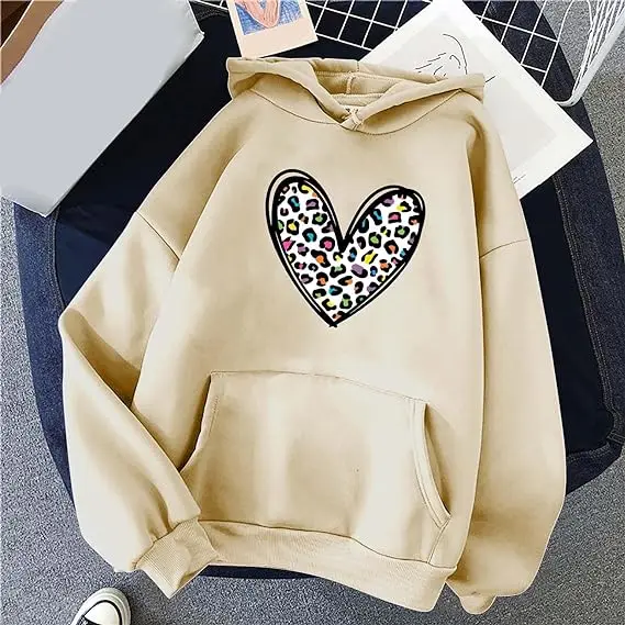 

Women's Graphic Pocket Hoodie Heart Print Drawstring Long Sleeve Sweatshirt Pullover Fall Casual Fashion Workout Tops