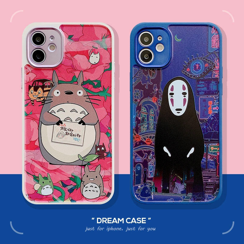 Чехол для телефона с аниме Тоторо для iPhone 13Pro, 7, 8 Plus, XR, XS, 12, 11 Pro Max, Se, 2 линзы, защитный чехол с отверстием и прямыми краями, силиконовый чехол